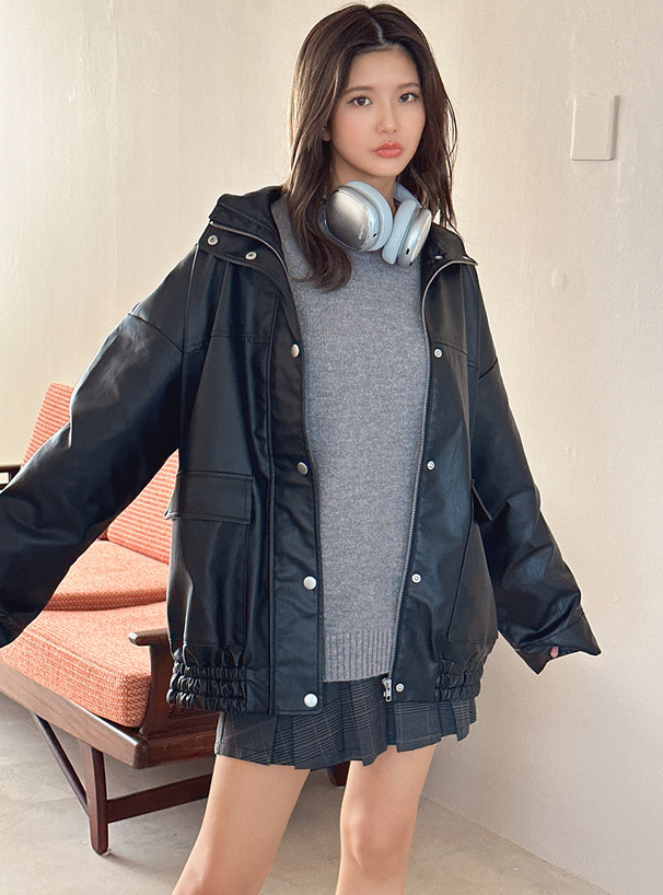 スタンドカラービッグレザージャケット[ze853] | レディース