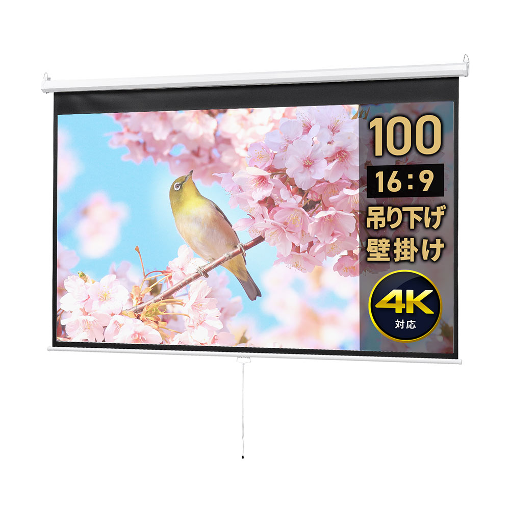 100インチ 吊り下げスクリーン／16:9／ロール式／引き出し収納で省スペース