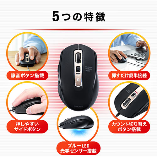 静音有線マウス(ケーブル接続・ブルーLED・5ボタン・DPI切替・ラバー