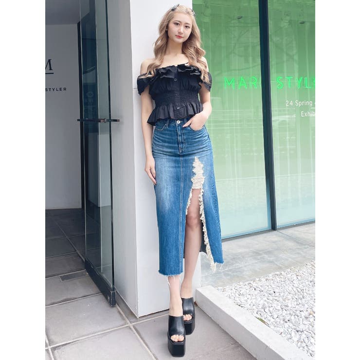 ダメージスリット ロングスカートライク デニムショートパンツ[品番