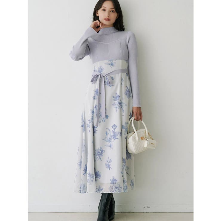 フラワードッキングロングスリーブワンピース[品番：MKSW0066750