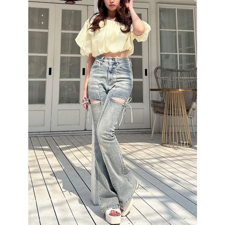 カットアウトリボンデニムパンツ【完売サイズは品番：1525424191で予約