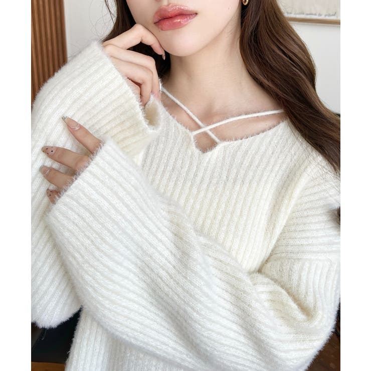 クロスネックシャギーニットプルオーバー[品番：ERMW0003980]｜moment+