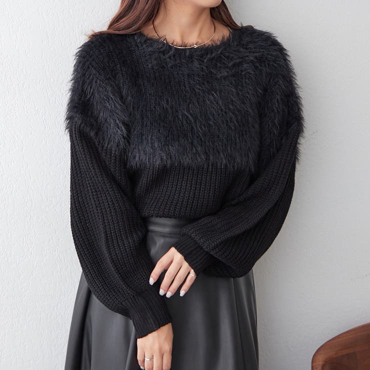 リバイバル】ふわふわシャギー切替ニットプルオーバー[品番