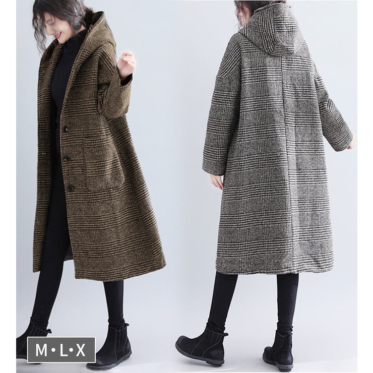 フード付き千鳥柄チェスターコート レディース アウター[品番