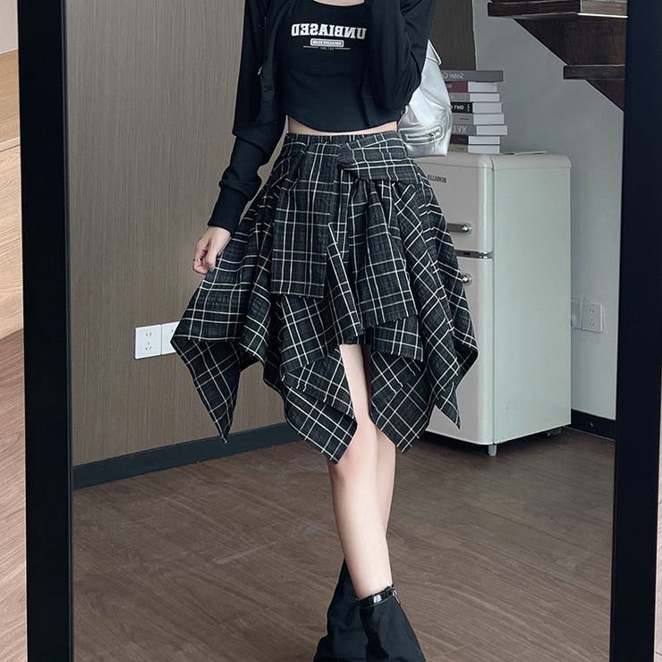 腰巻きシャツ風チェック柄 ミニスカート ショートパンツ付き[品番