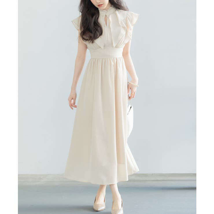 フリルカラーロング丈ジョゼットワンピース[品番：DSSW0004189