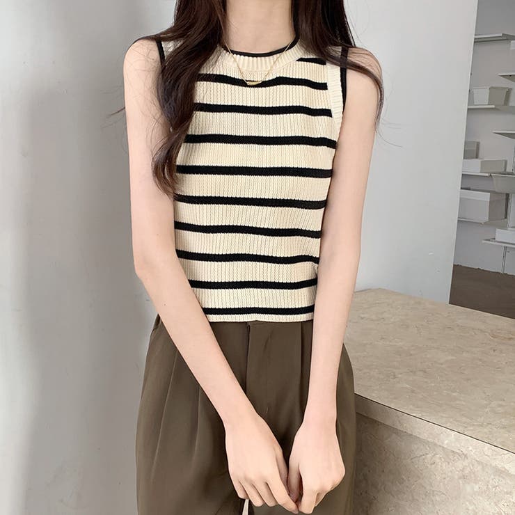ボーダーノースリーブ ニットトップス【韓国ファッション】【春夏新