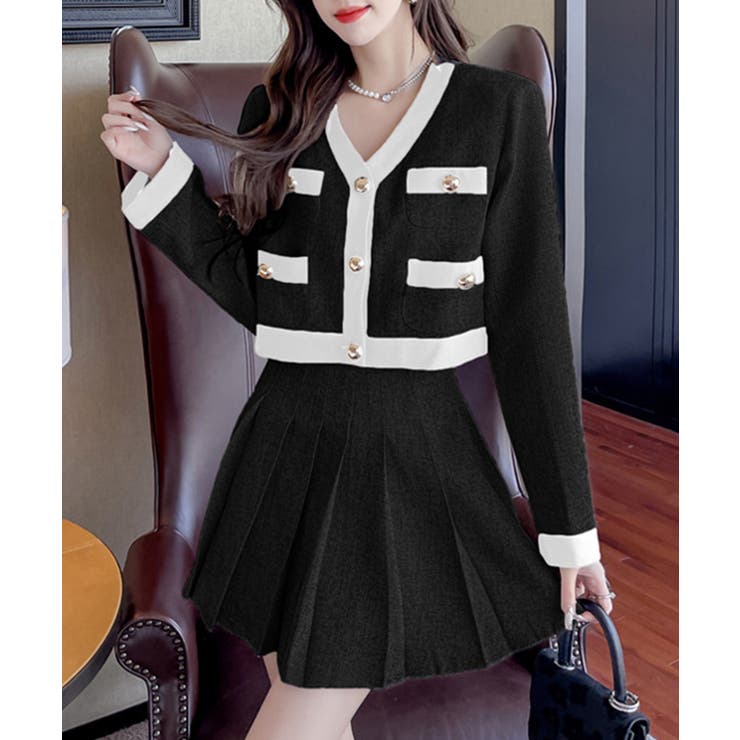 モノクロバイカラープリーツスカートセットアップ 韓国ファッション