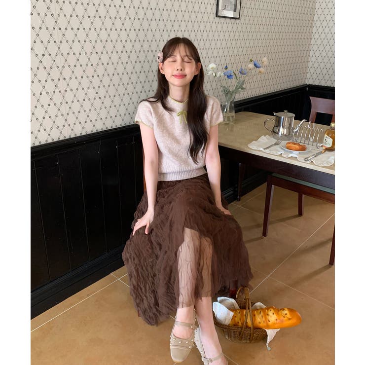 ブラウンクリームウェーブシフォンスカート/2025 AW COLLECTION[品番