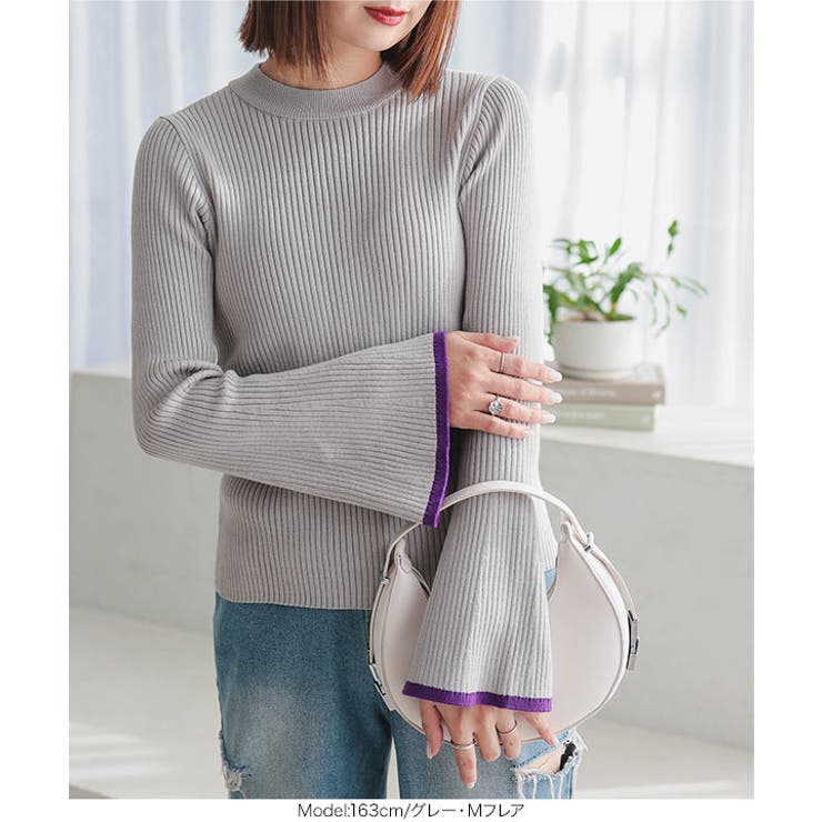 もっちりニットで着心地抜群袖バイカラーリブニットトップス