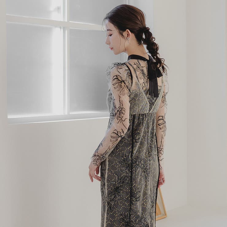 バックリボン刺繍レースドレス バックリボン 花柄[品番：GRVW0001180