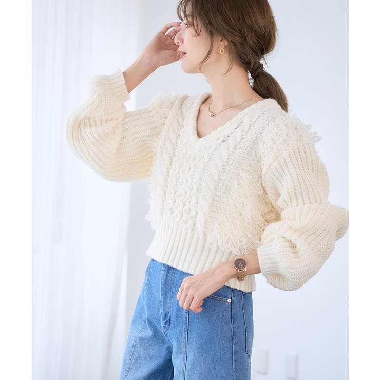 ケーブル フリンジ Vネック[品番：GW000004869]｜Growing Rich（グロー