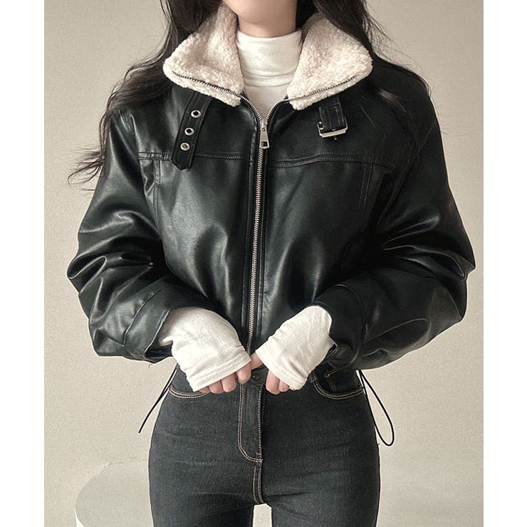 ハイネックファーレザージャケット 暖かい フェイクファージャケット