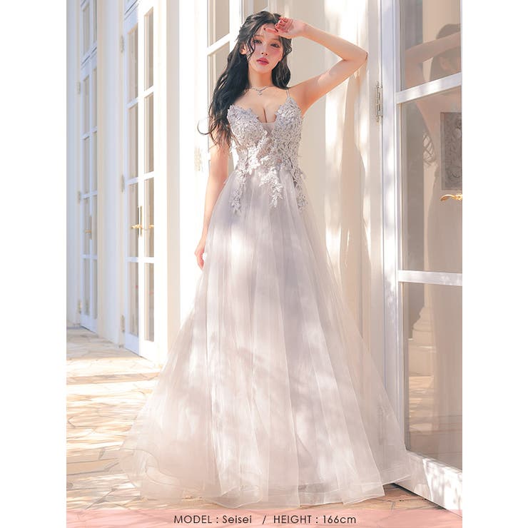 ボリュームシフォン×フラワー刺繍フレアロングドレス セクシードレス