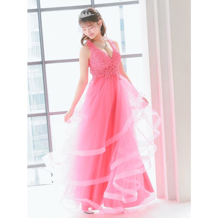 ボリュームチュールフラワーレースオープンバックロングドレス