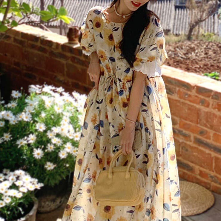 ひまわりが映えるサマーワンピ 花柄袖レースワンピース ロング