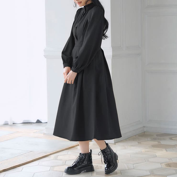 フリルスタンドカラー長袖ワンピース 韓国 夢展望[品番：YU000046723