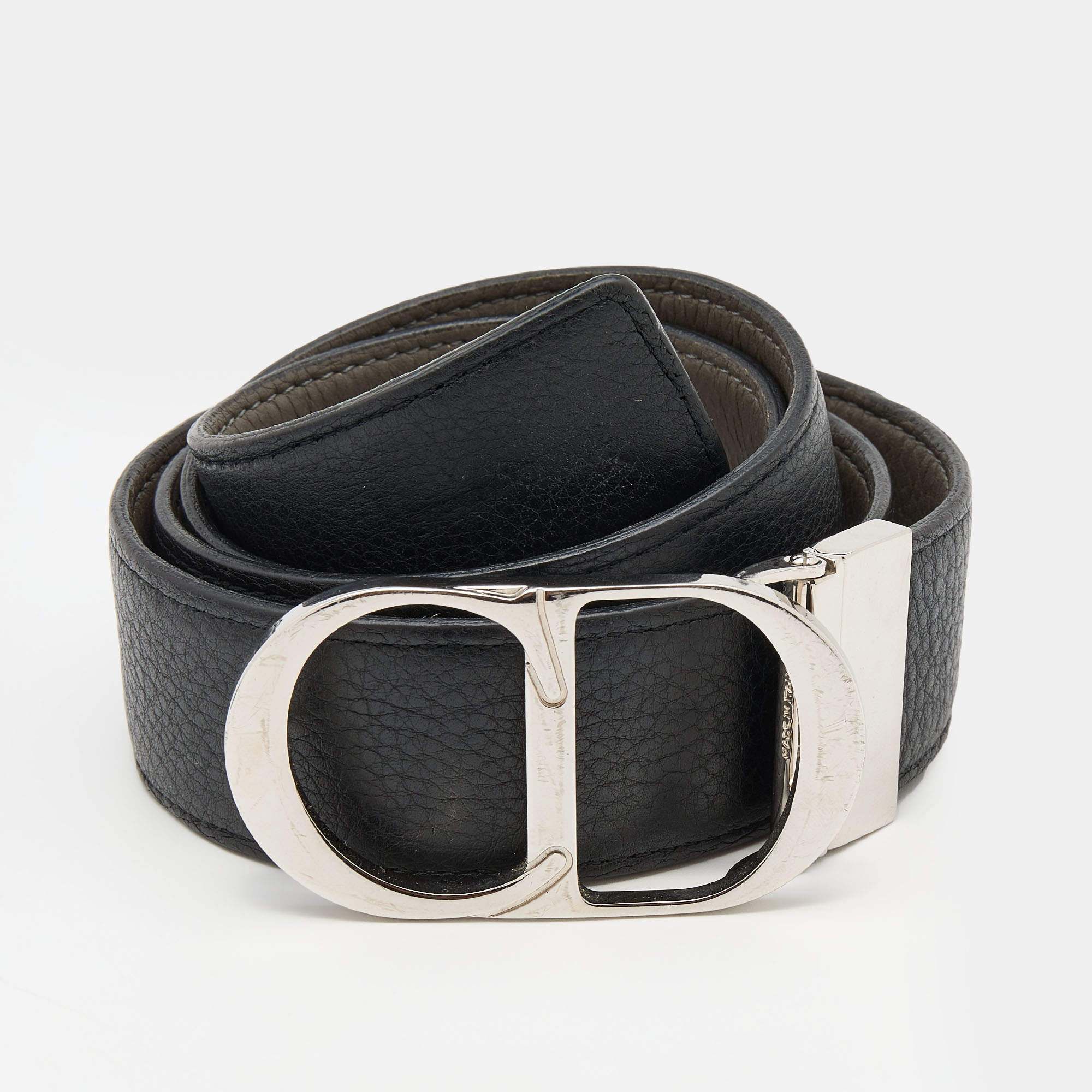 Dior Homme Black/Grey Leather CD Logo Slim Reversible Belt 95CM