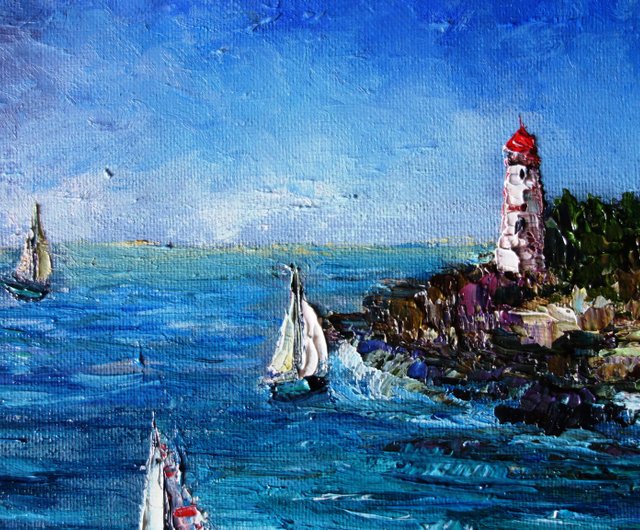 ロシア ヨット絵画油絵海景オリジナルアート油畫原作ビーチアート