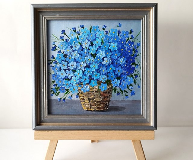 ロシア 忘れな草のアクリル絵の具。青い花の花束アート厚塗りの壁の