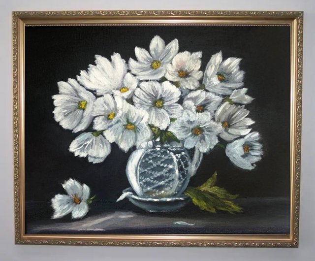 送料無料 25%OFF】ロシア 白い花瓶の中の白い花、黒い背景に油絵