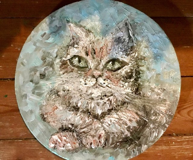 送料無料 10%OFF】スペイン 丸いキャンバスに描かれた猫の油絵 Ka-gan