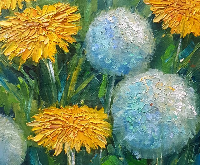 ロシア 花の油絵、 タンポポの花の壁画、 インパストキャンバス絵画