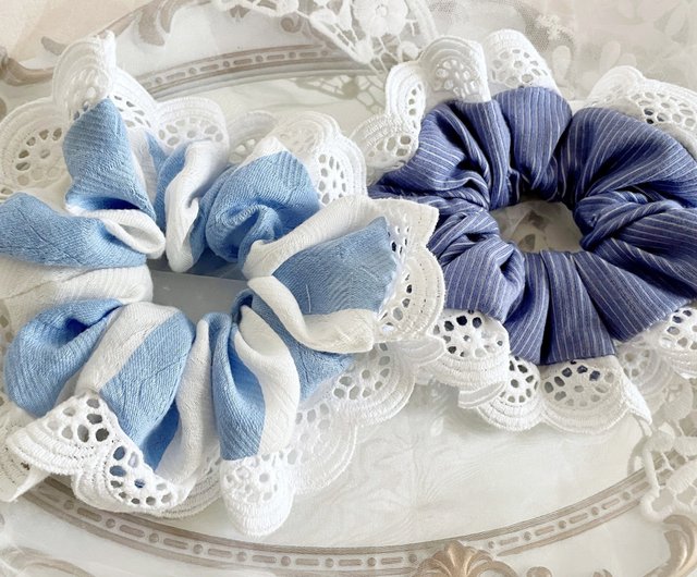 台湾 レース布製シュシュ / ブルーレースヘアゴム シュシュ ヘアバンド