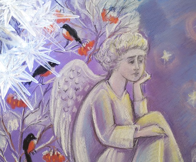 ロシア 天使の冬の絵 新年のパステル画 クリスマスの絵画 鳥 冬の
