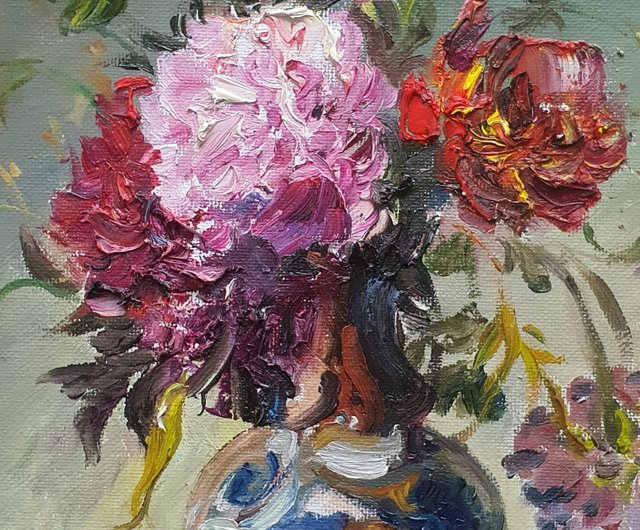 ベラルーシ 花瓶に入った美しい花の静物画油絵オリジナルアートワーク