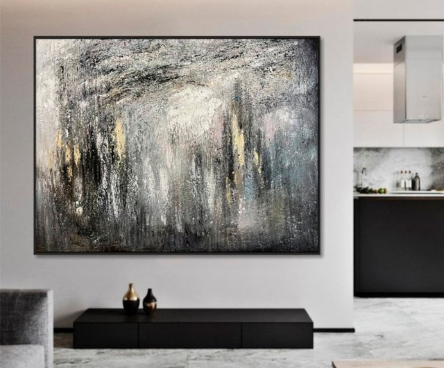 送料無料】スペイン 抽象絵画オリジナル キャンバス グレーと白の