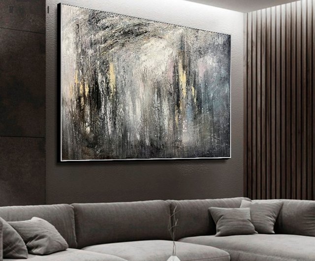 送料無料】スペイン 抽象絵画オリジナル キャンバス グレーと白の