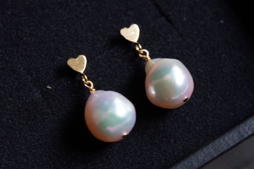 日本産 大粒あこやバロックパール ミニハートスタッズピアス 14KGF