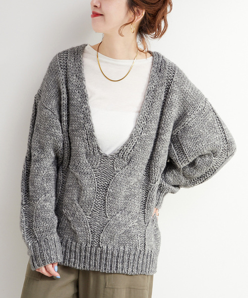 セール】手洗い可 / Vネックビックケーブルニット（ニット/セーター