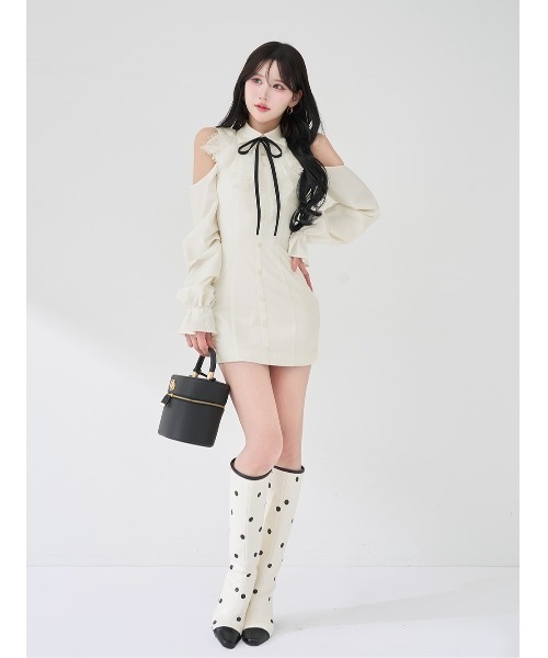 ショルダースカラップフリルシャツミニワンピース（ワンピース