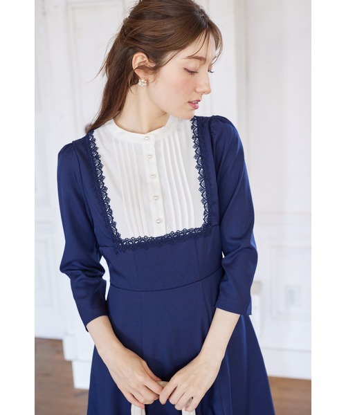 ヨークレース切替レースアップ長袖ワンピース（ワンピース）｜tocco