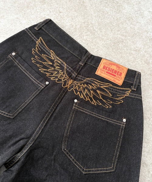 セール】羽刺繍ロゴデニムワイドパンツ（デニムパンツ）｜SHEENA