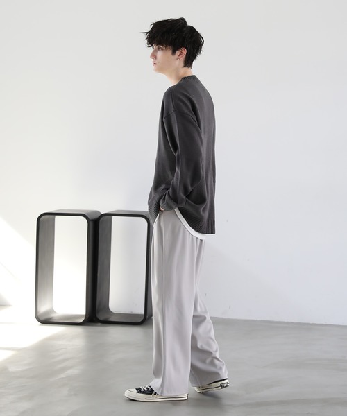 ウォッシャブル5ゲージロングオーバーサイズ クルーネックニット