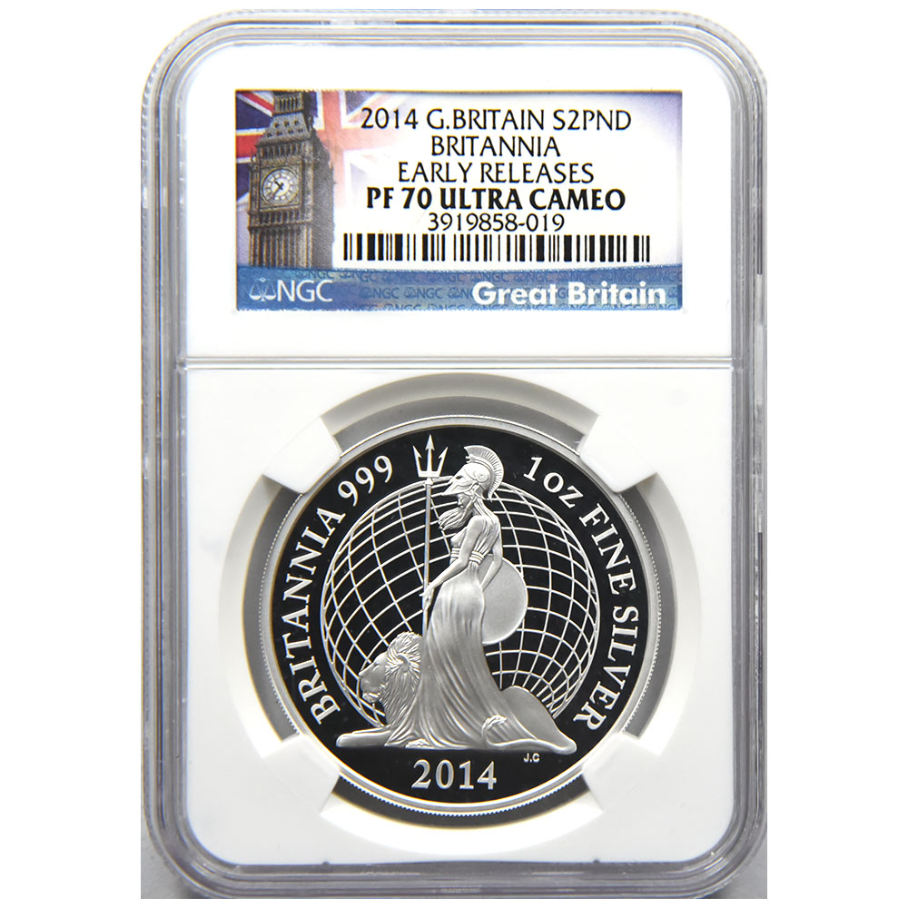 イギリス 2014 エリザベス2世 2ポンド1オンス 銀貨 NGC PF 70 ULTRA