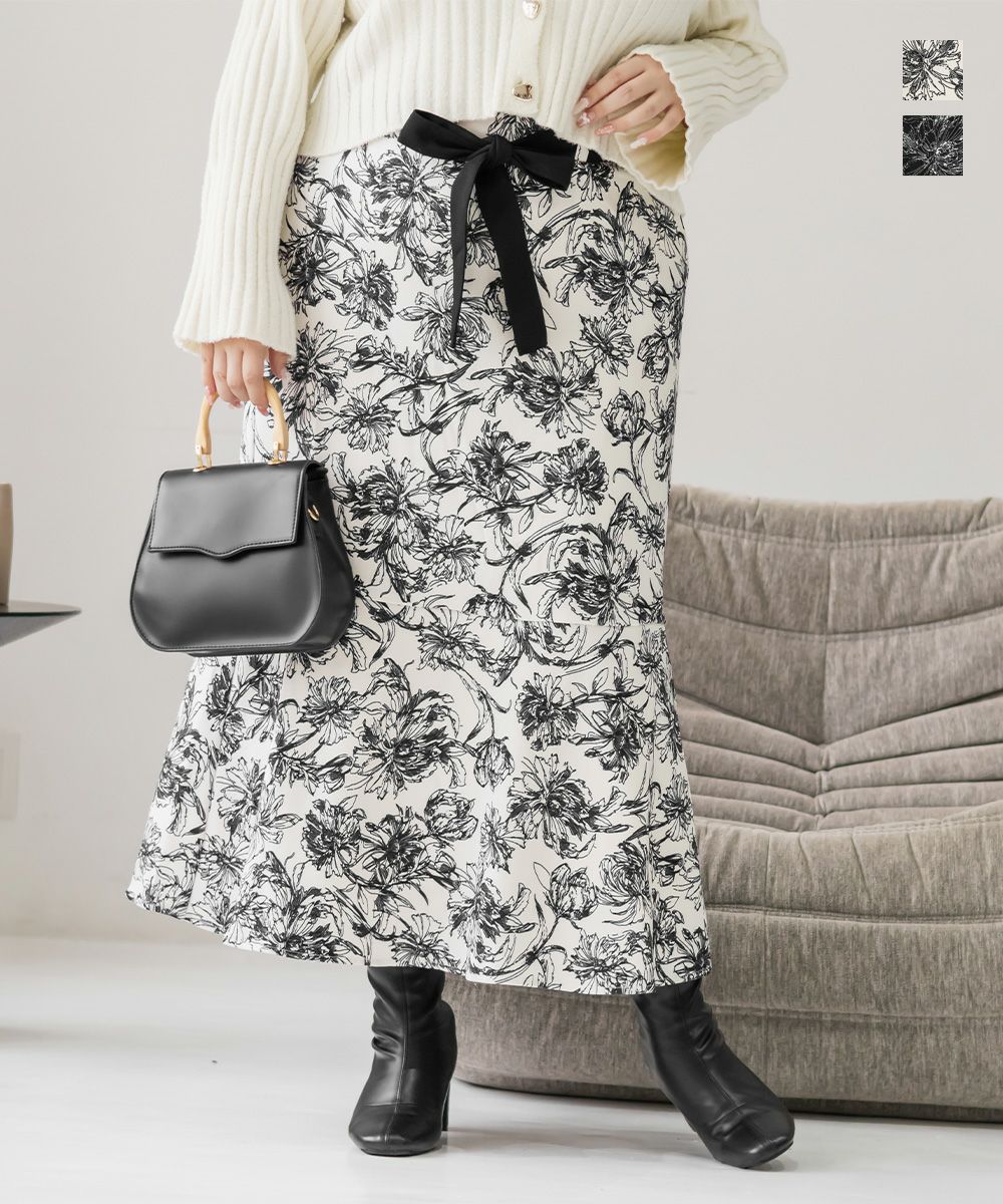 ウエストリボン花柄フレアスカート | 大きいサイズ レディース専門店