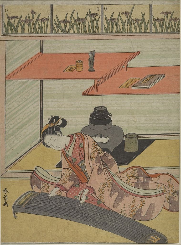 鈴木春信による浮世絵「Girl Playing Koto by Chigaidana, Edo period
