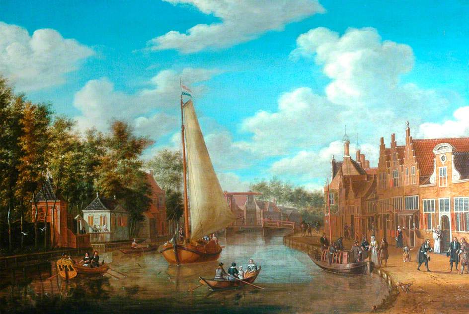Dutch Canal Scene with Rigged Sailing Vessels and Figures among