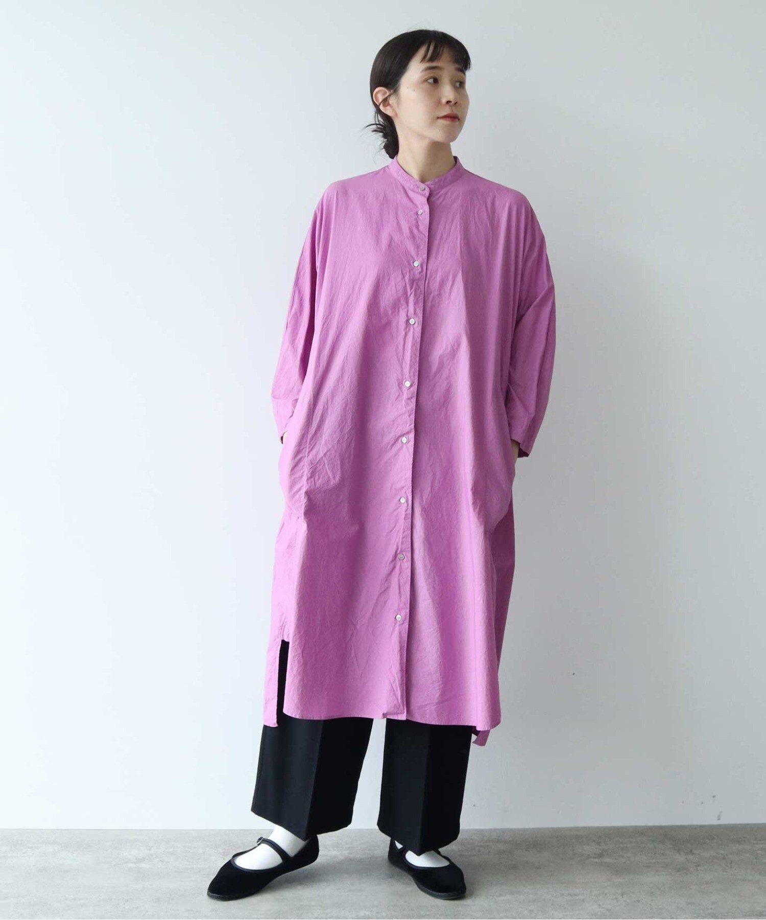 AMBIDEX Store △コットンキャッチワッシャー バンドカラーワンピース