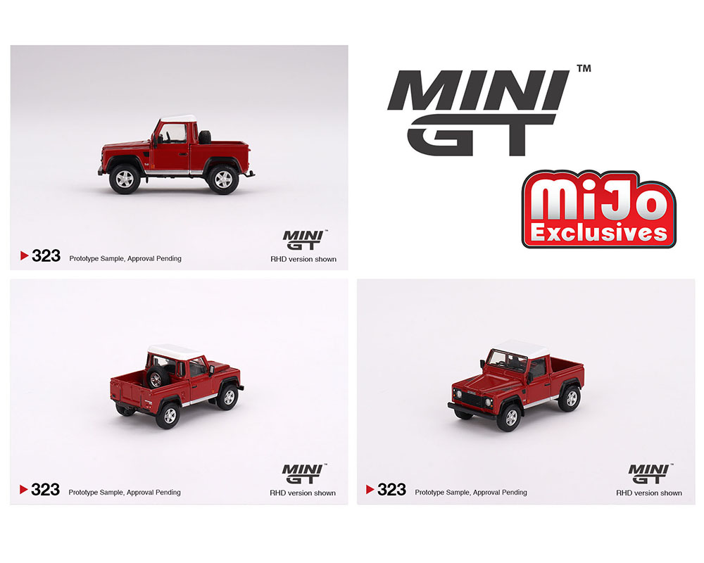 Mini GT 1:64 #323 Land Rover Defender 90 Pickup – Masai Red – Mijo