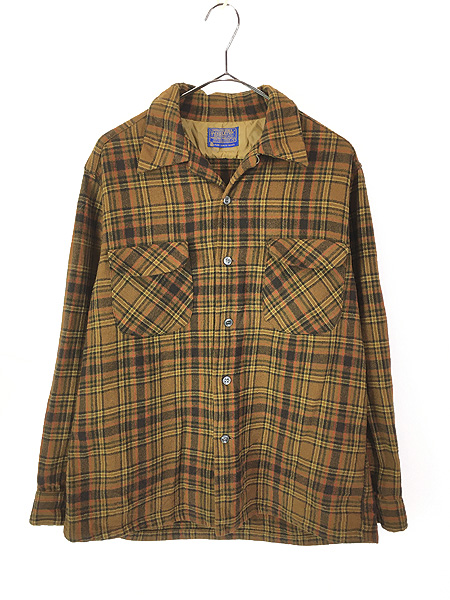 古着 60s USA製 Pendleton ブラウン チェック 開襟 ボックス ウール
