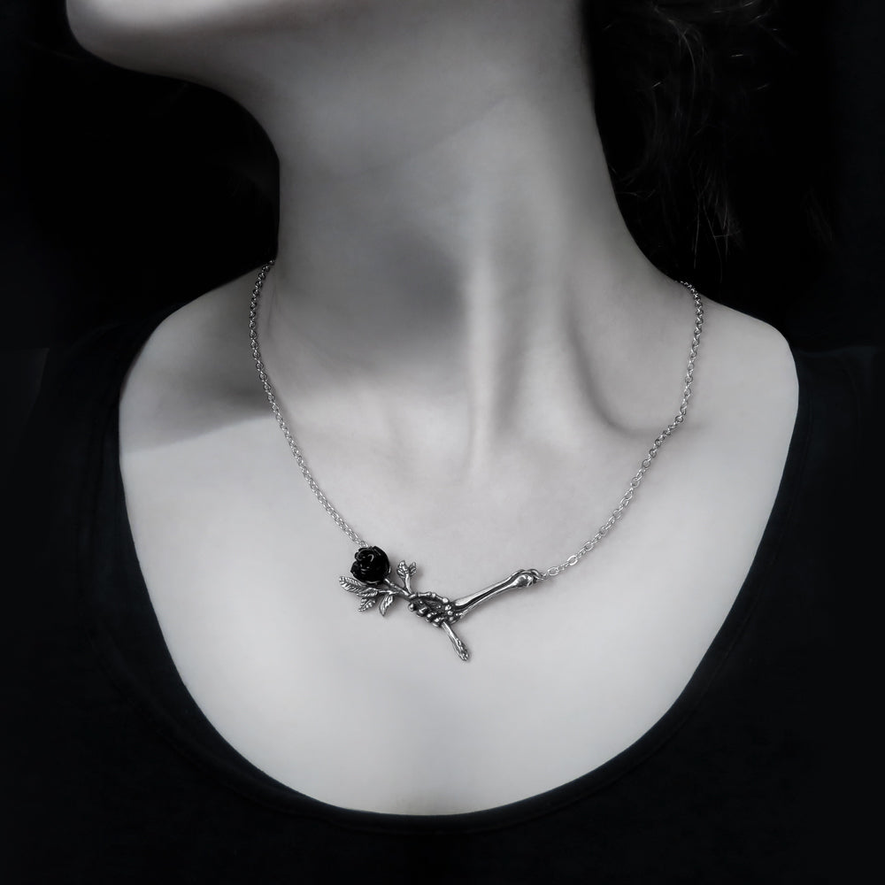 Love Never Dies Necklace, Black Rose & Skeleton Hand by