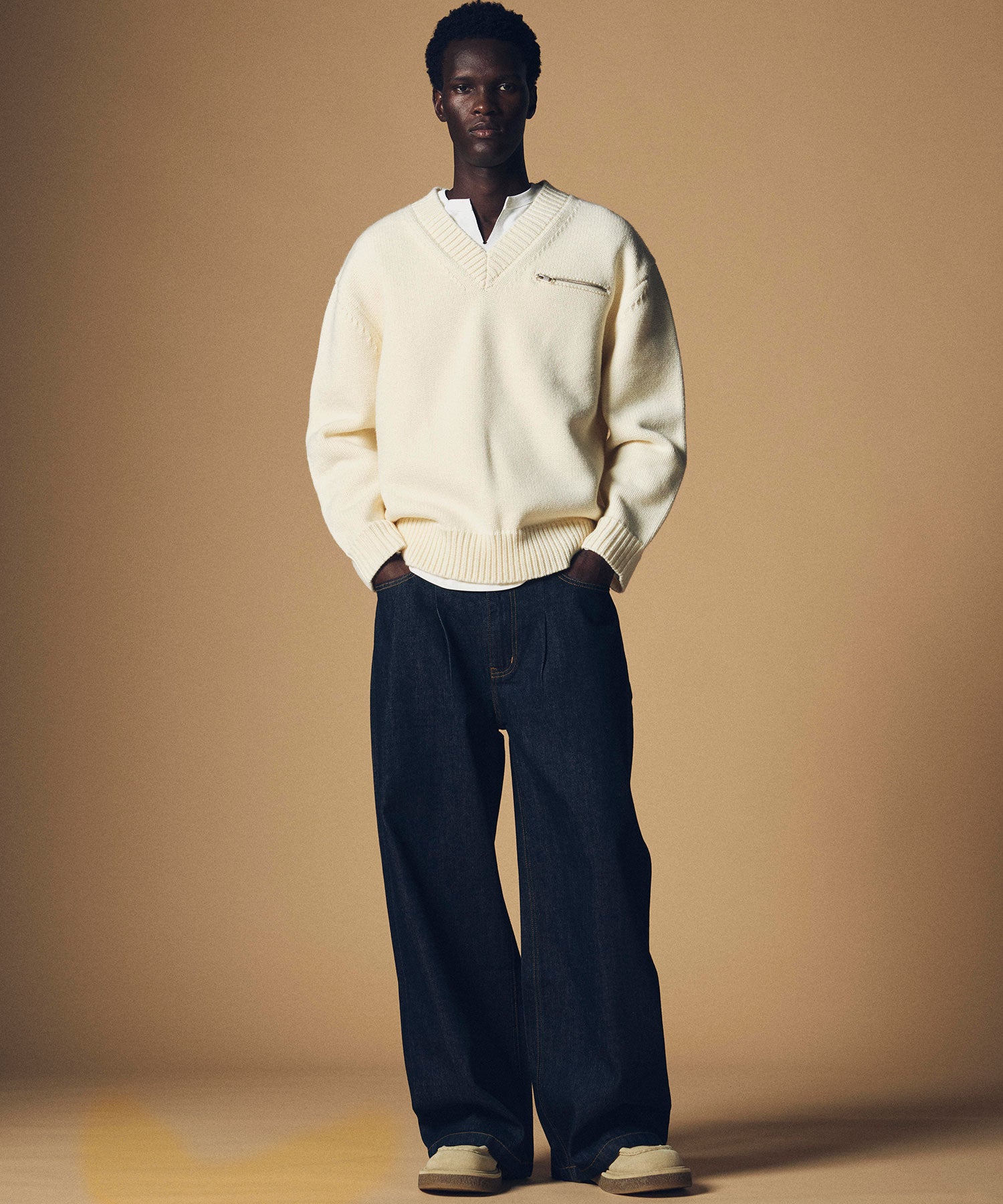 畦編み Vネック ジップアップニットプルオーバー