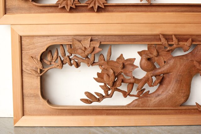 寺崎明 井波彫刻 花鳥木彫欄間 2枚1組 R0467｜骨董店 のびる 古美術