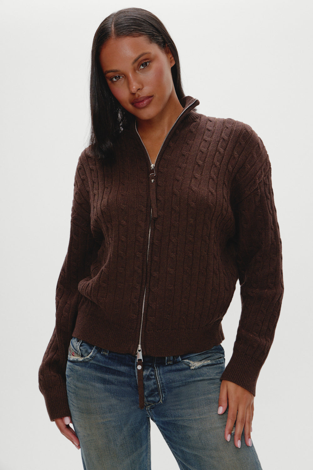 Bea Cable Knit Zip Up Sweater - Chocolate Brown